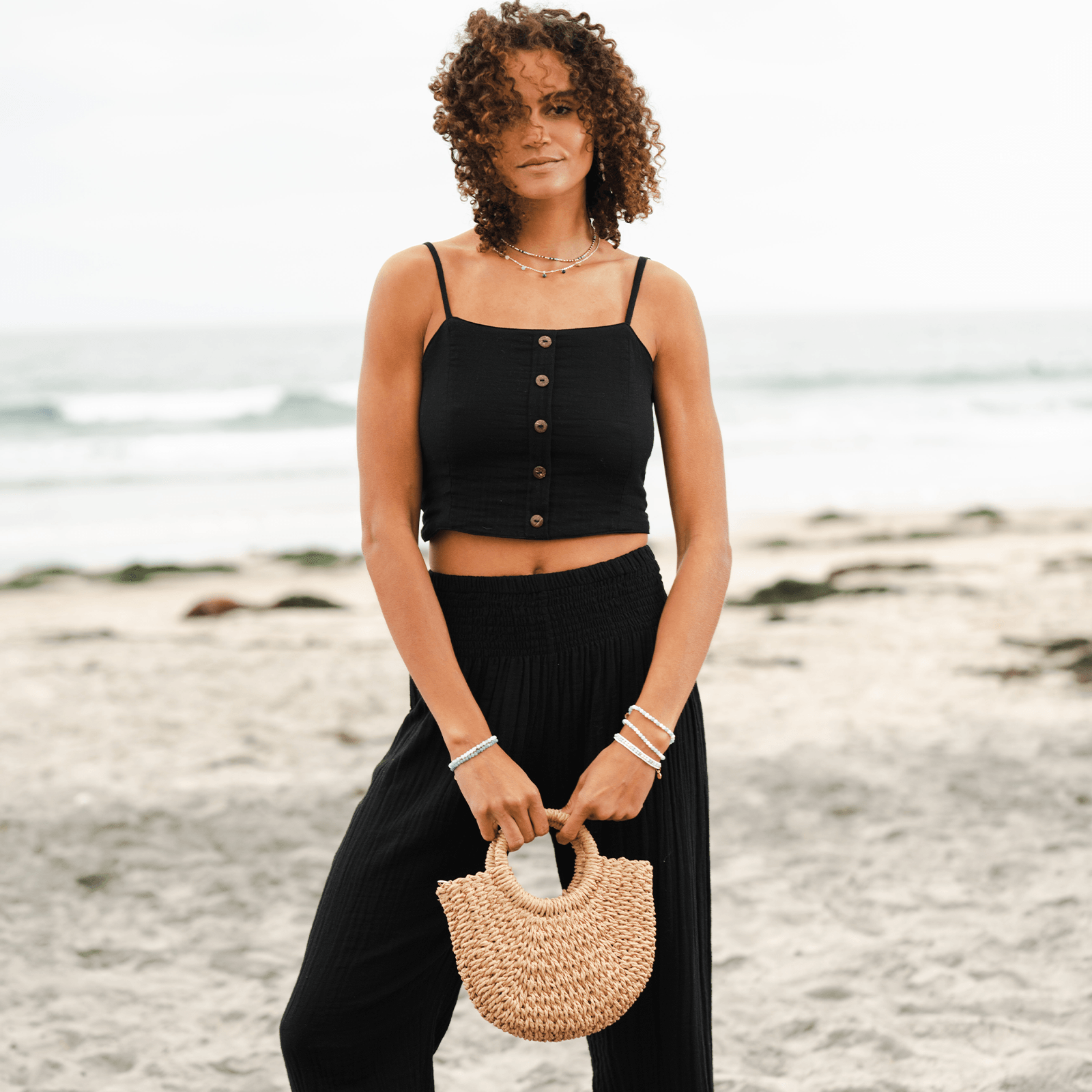 Black Cotton Crop Top & Wide Leg Pants Set - LotusAndLuna