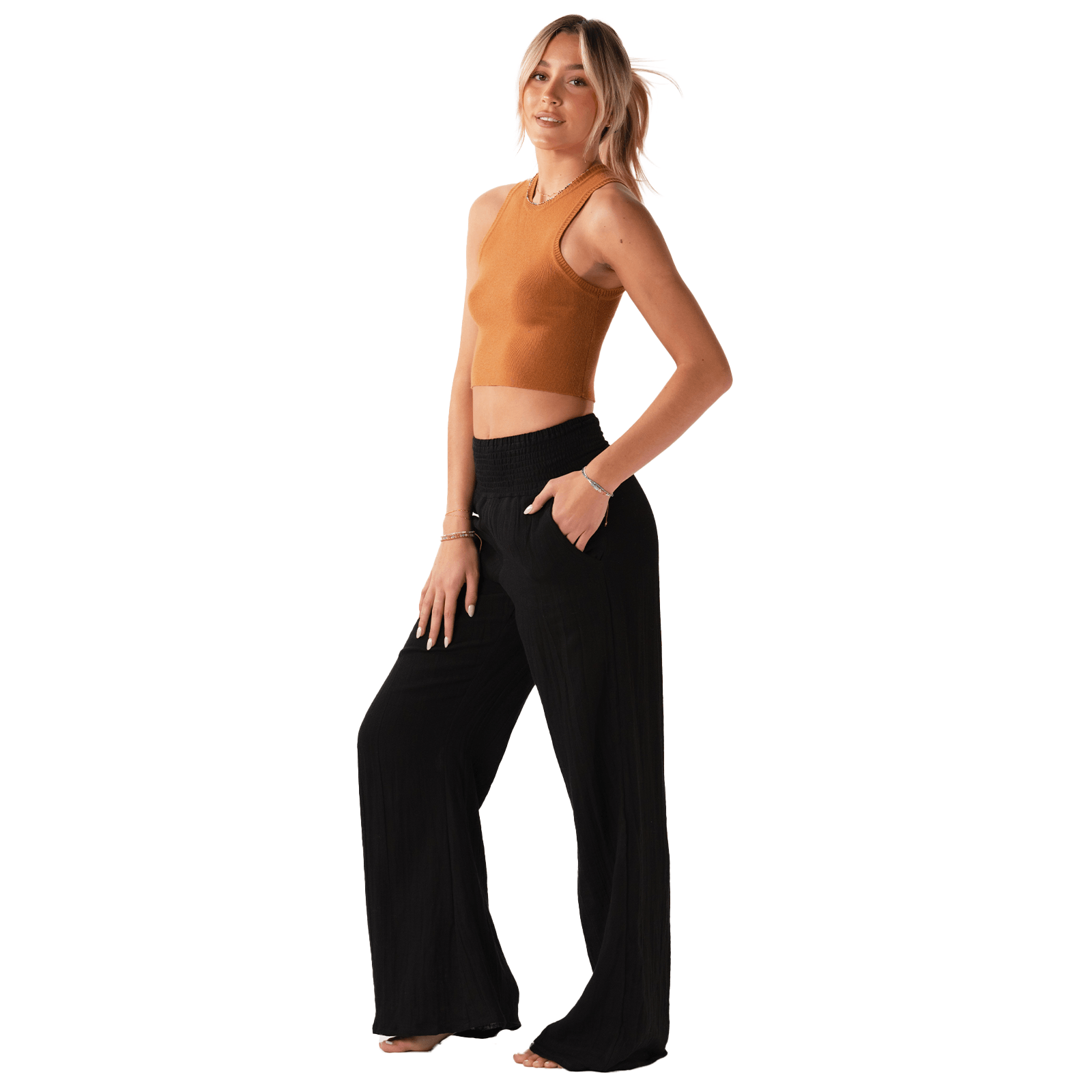 Black Wide Leg Cotton Pants with Pockets LotusAndLuna