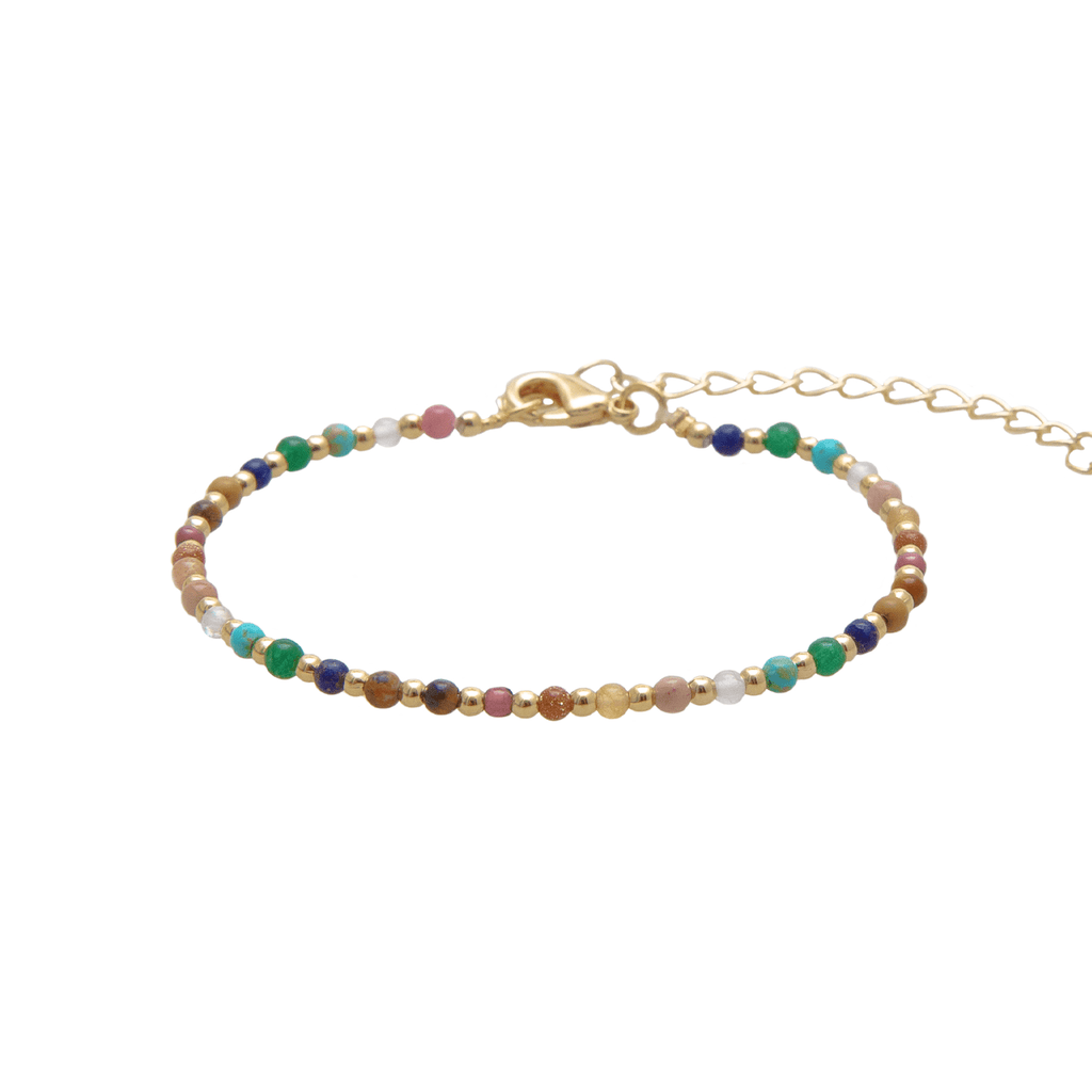 Dainty bracelet with assorted multi-color stones and gold beads